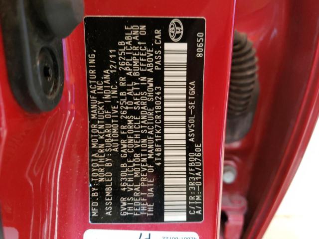 Photo 10 from auction – 2012 TOYOTA CAMRY BASE with VIN 4T4BF1FK7CR180243