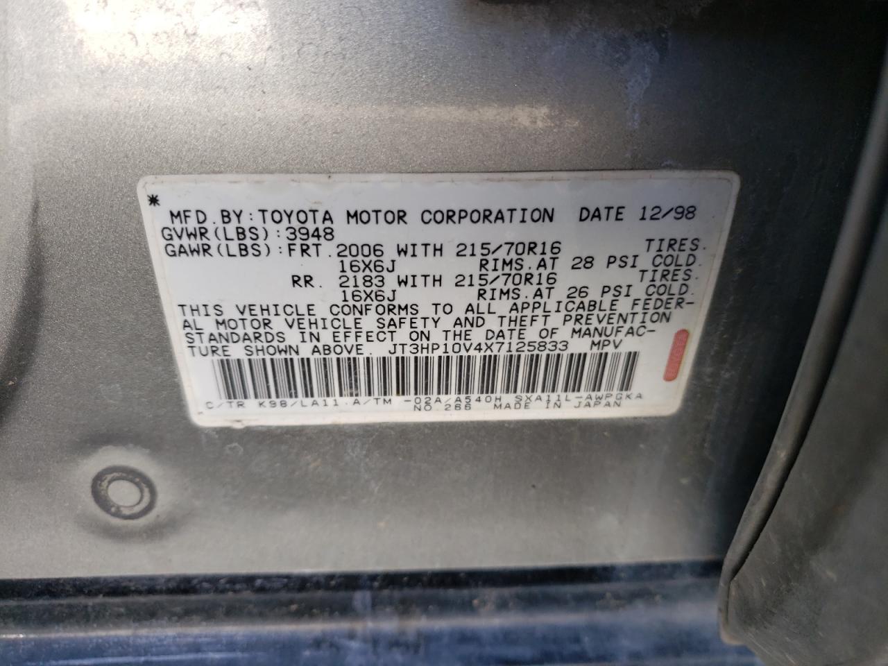 Photo 10 from auction – 1999 TOYOTA RAV4 with VIN JT3HP10V4X7125833