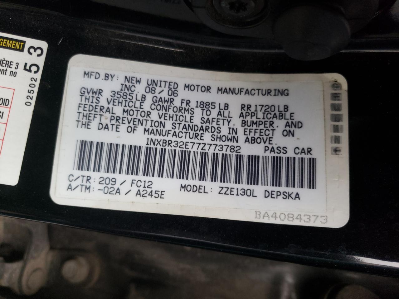 Photo 10 from auction – 2007 TOYOTA COROLLA with VIN 1NXBR32E77Z773782