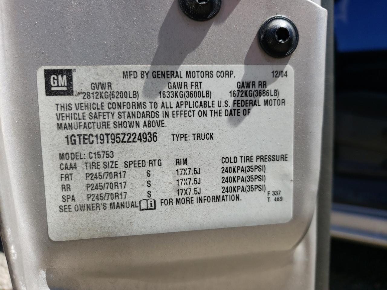 Photo 10 from auction – 2005 GMC NEW SIERRA with VIN 1GTEC19T95Z224936