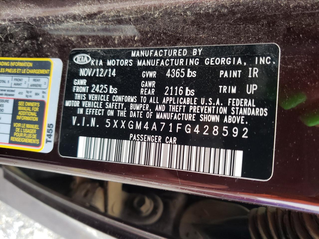 Photo 10 from auction – 2015 KIA OPTIMA LX with VIN 5XXGM4A71FG428592
