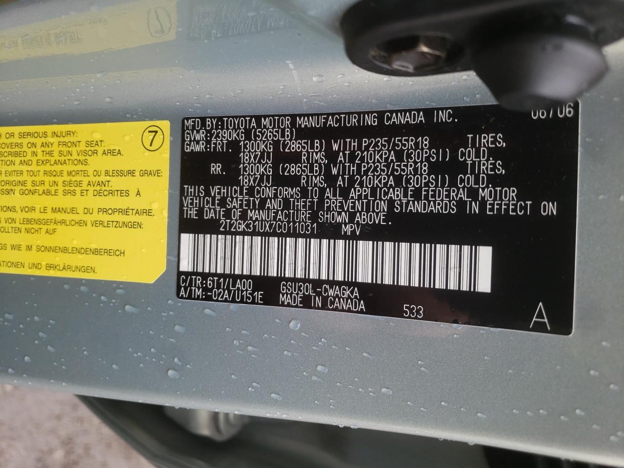Photo 10 from auction – 2007 LEXUS RX 350 with VIN 2T2GK31UX7C011031