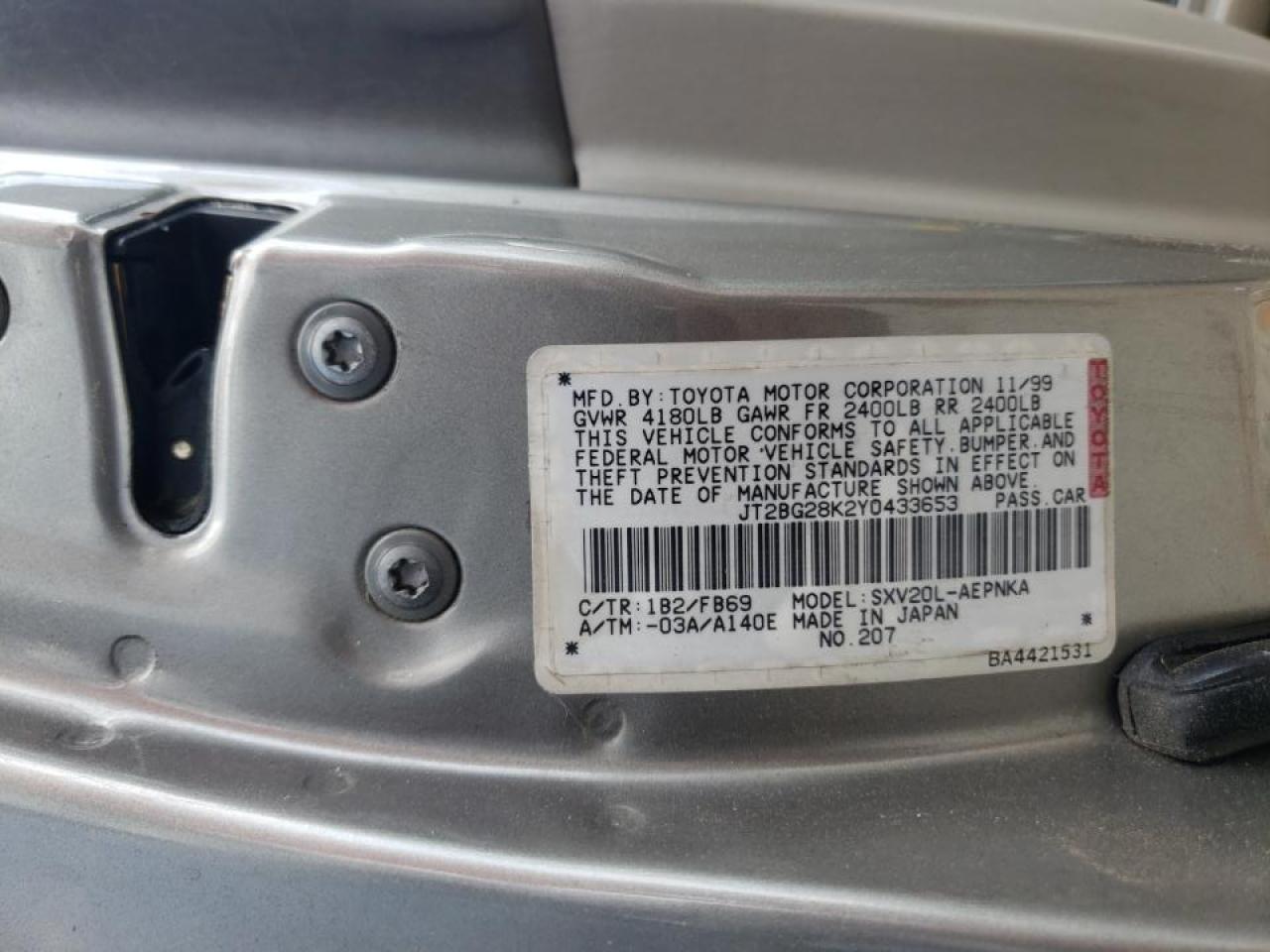 Photo 10 from auction – 2000 TOYOTA CAMRY LE with VIN JT2BG28K2Y0433653