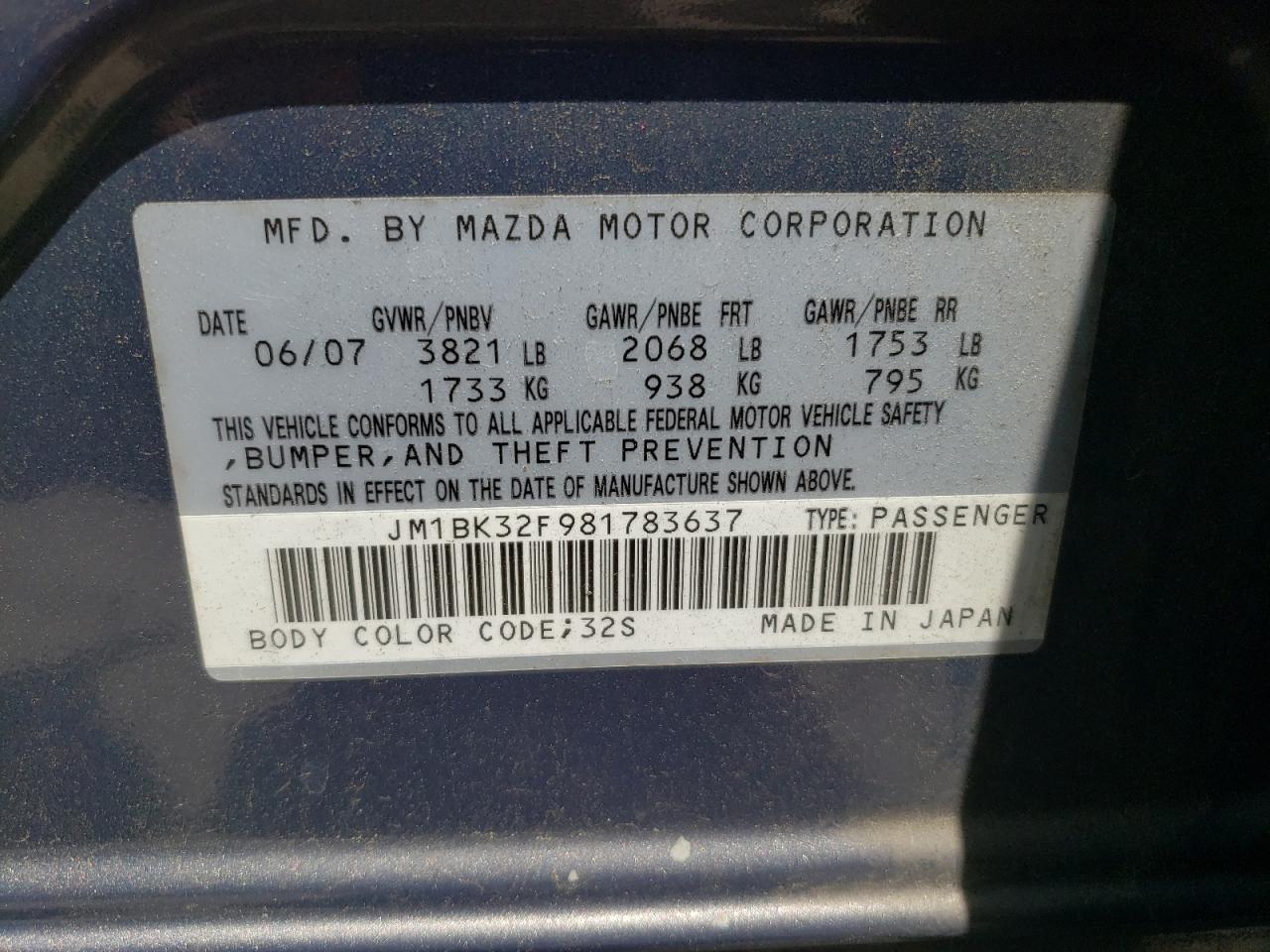 Photo 10 from auction – 2008 MAZDA 3 I with VIN JM1BK32F981783637