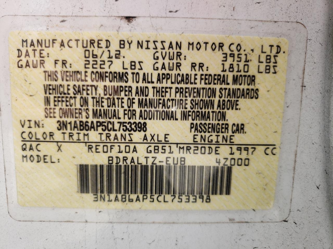 Photo 10 from auction – 2012 NISSAN SENTRA 2.0 with VIN 3N1AB6AP5CL753398