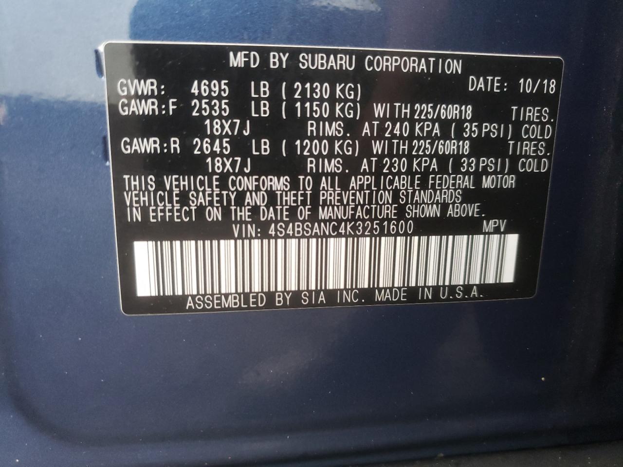 Photo 10 from auction – 2019 SUBARU OUTBACK 2. with VIN 4S4BSANC4K3251600