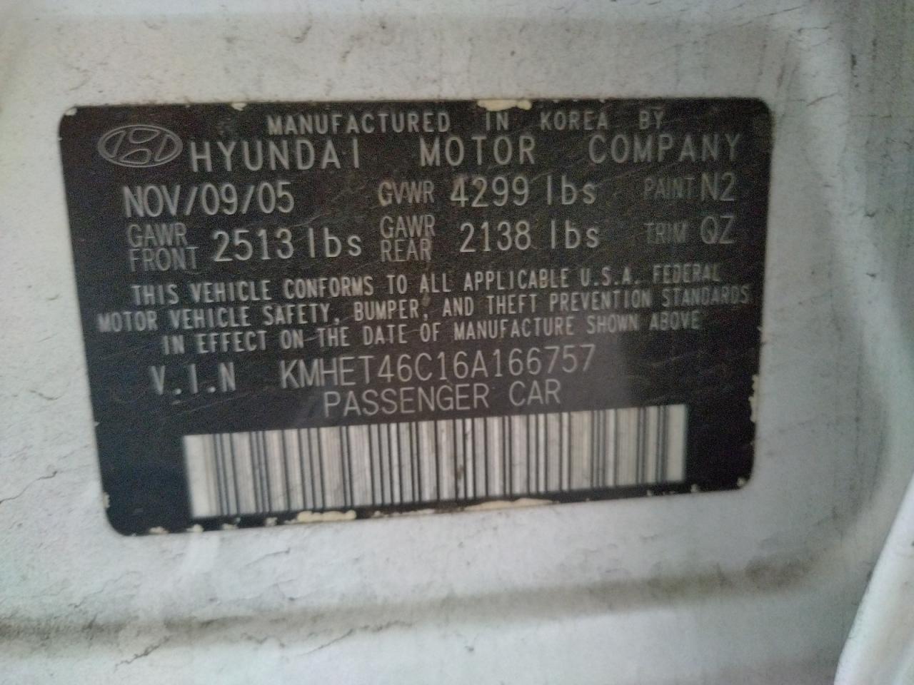 Photo 10 from auction – 2006 HYUNDAI SONATA GL with VIN KMHET46C16A166757