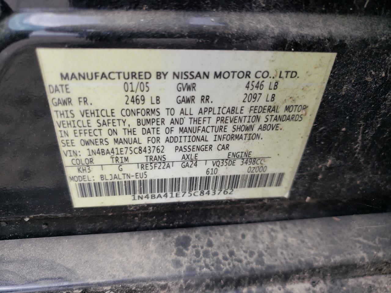 Photo 10 from auction – 2005 NISSAN MAXIMA SE with VIN 1N4BA41E75C843762