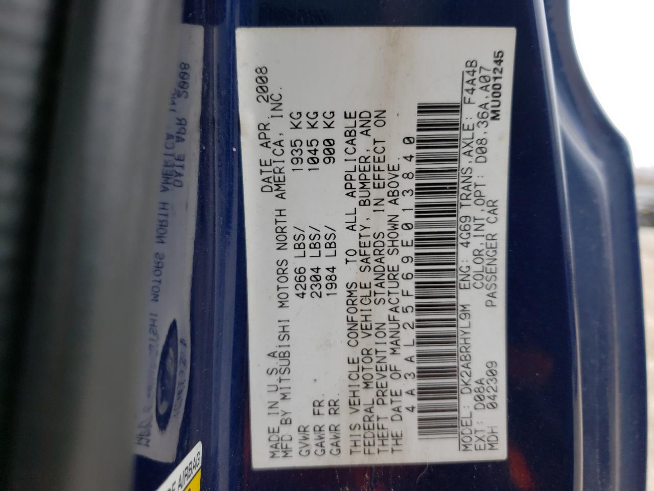 Photo 10 from auction – 2009 MITSUBISHI ECLIPSE SP with VIN 4A3AL25F69E013840