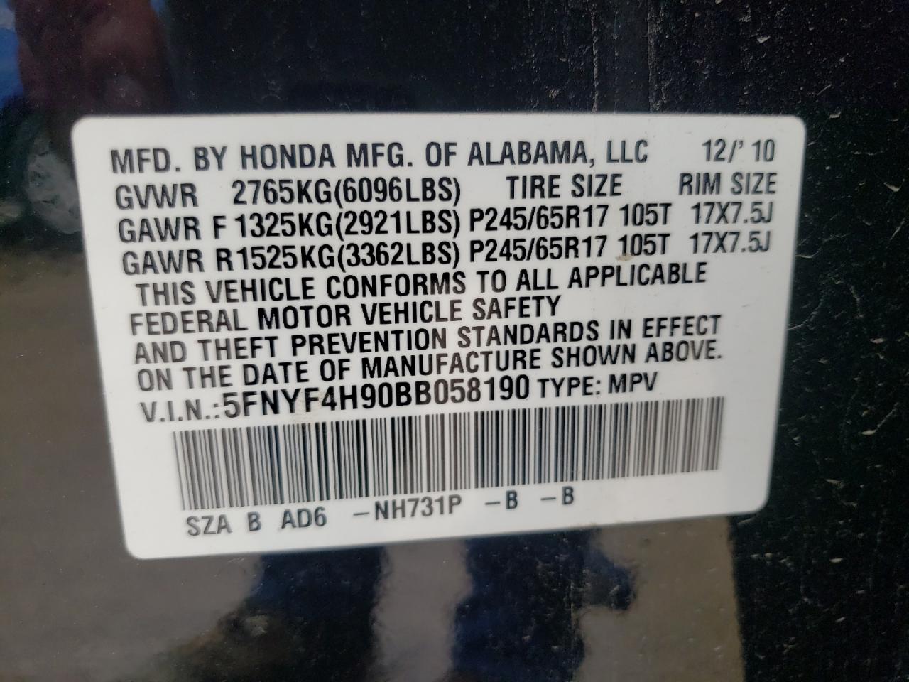 Photo 10 from auction – 2011 HONDA PILOT TOUR with VIN 5FNYF4H90BB058190