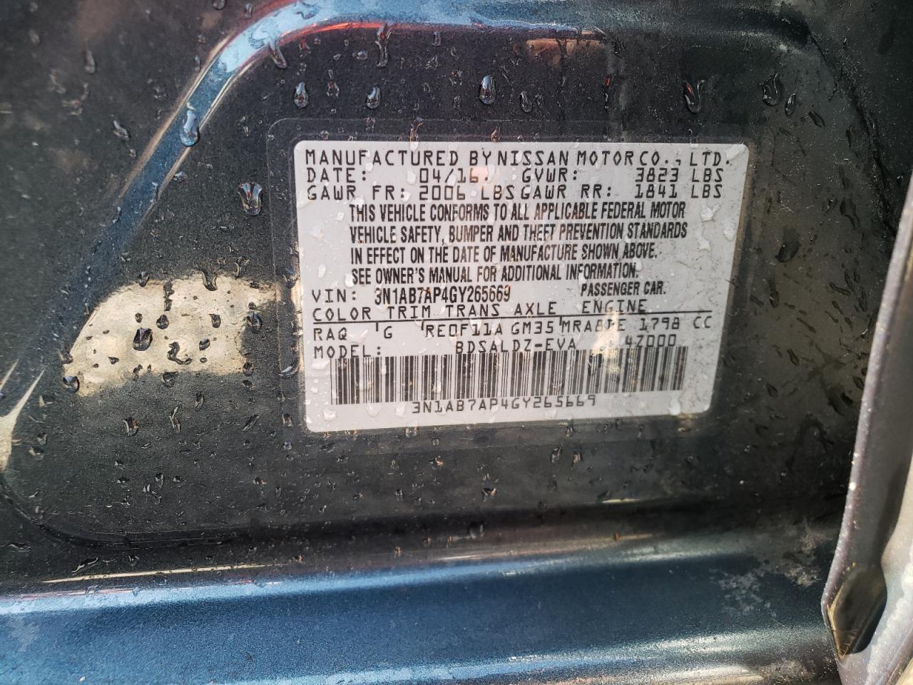 Photo 10 from auction – 2016 NISSAN SENTRA S with VIN 3N1AB7AP4GY265669