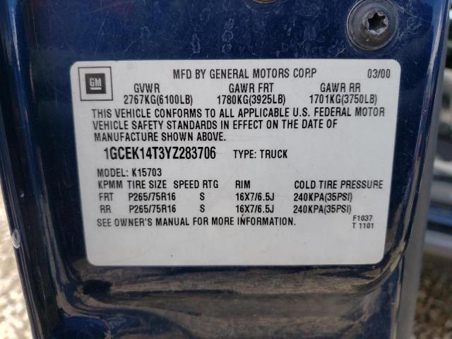 CHEVROLET SILVERADO 2000 with VIN 1GCEK14T3YZ283706 - Photo from auction
