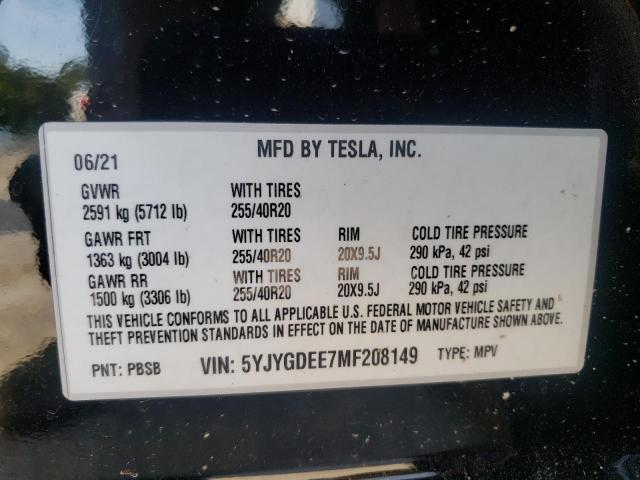 Photo 10 from auction – 2021 TESLA MODEL Y with VIN 5YJYGDEE7MF208149