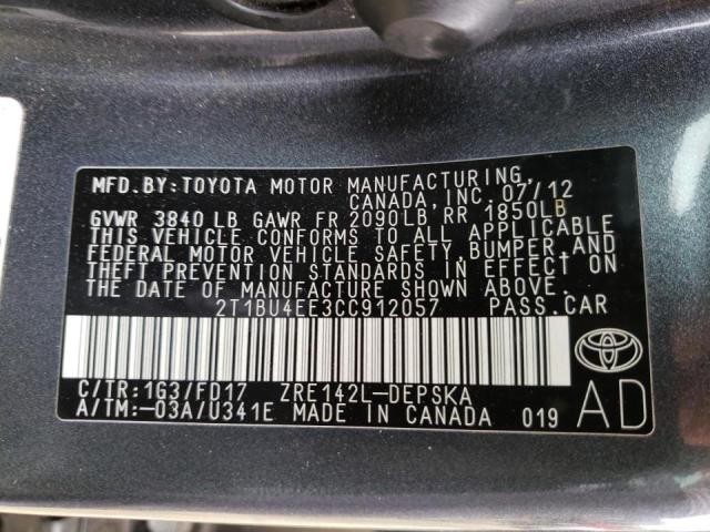 Photo 10 from auction – 2012 TOYOTA COROLLA BA with VIN 2T1BU4EE3CC912057