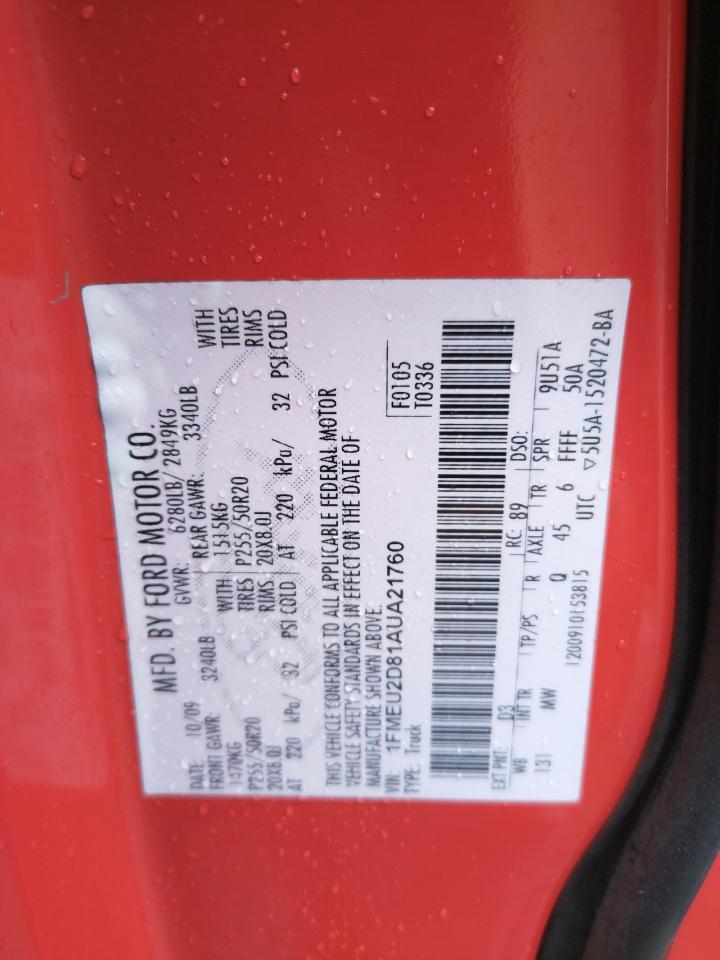 Photo 10 from auction – 2010 FORD EXPLORER S with VIN 1FMEU2D81AUA21760