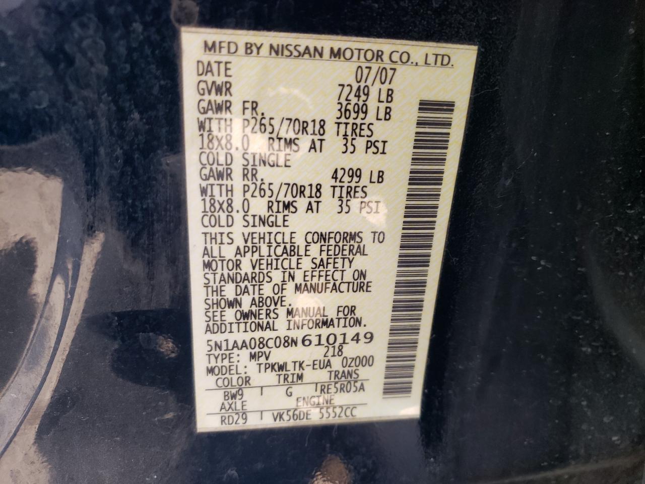 Photo 10 from auction – 2008 NISSAN ARMADA SE with VIN 5N1AA08C08N610149