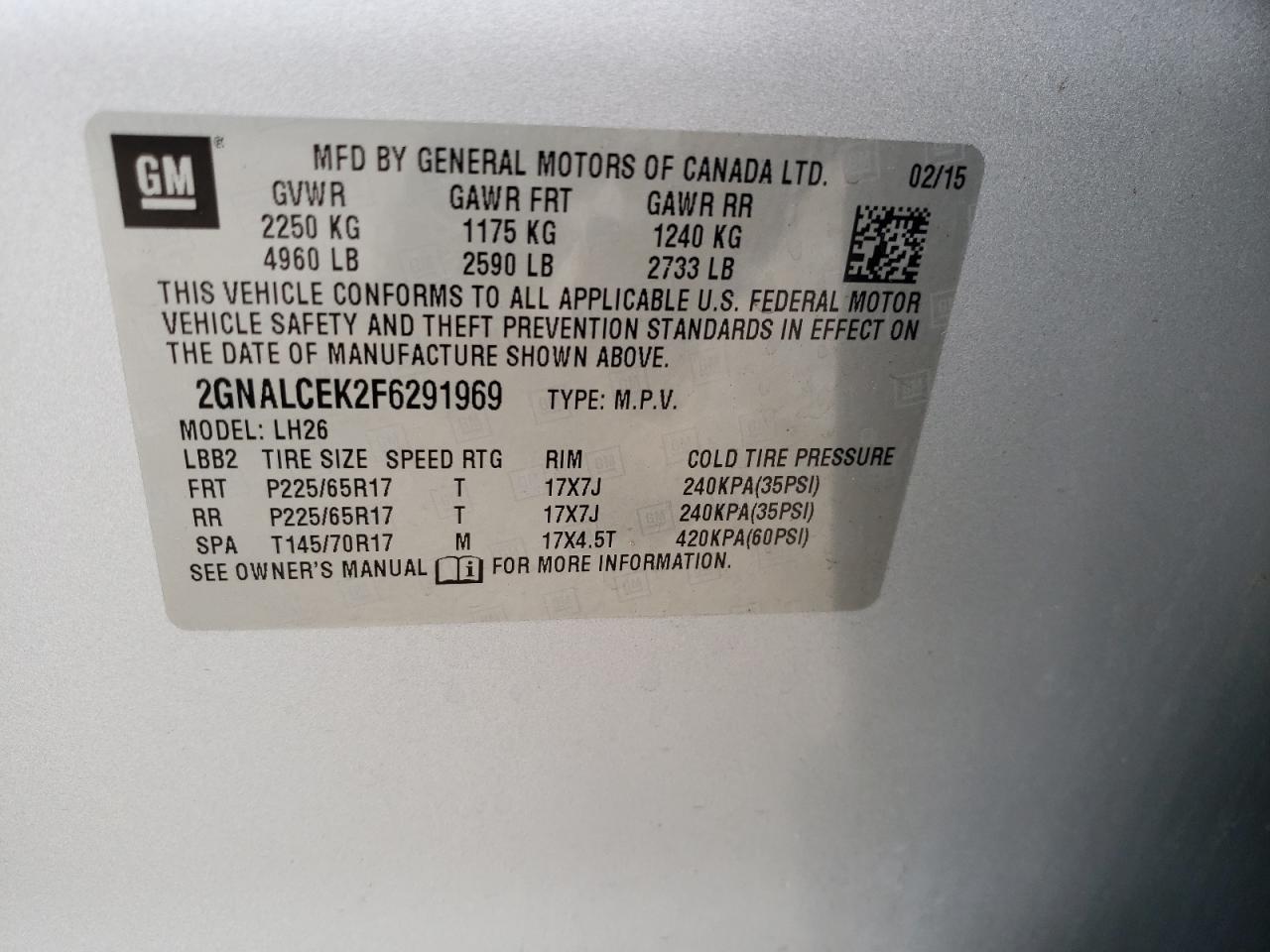 Photo 10 from auction – 2015 CHEVROLET EQUINOX LT with VIN 2GNALCEK2F6291969