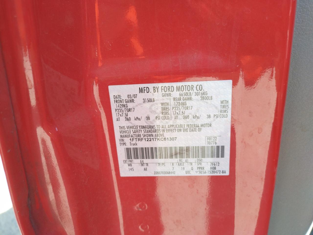 Photo 10 from auction – 2007 FORD F150 with VIN 1FTRF12217KC61307