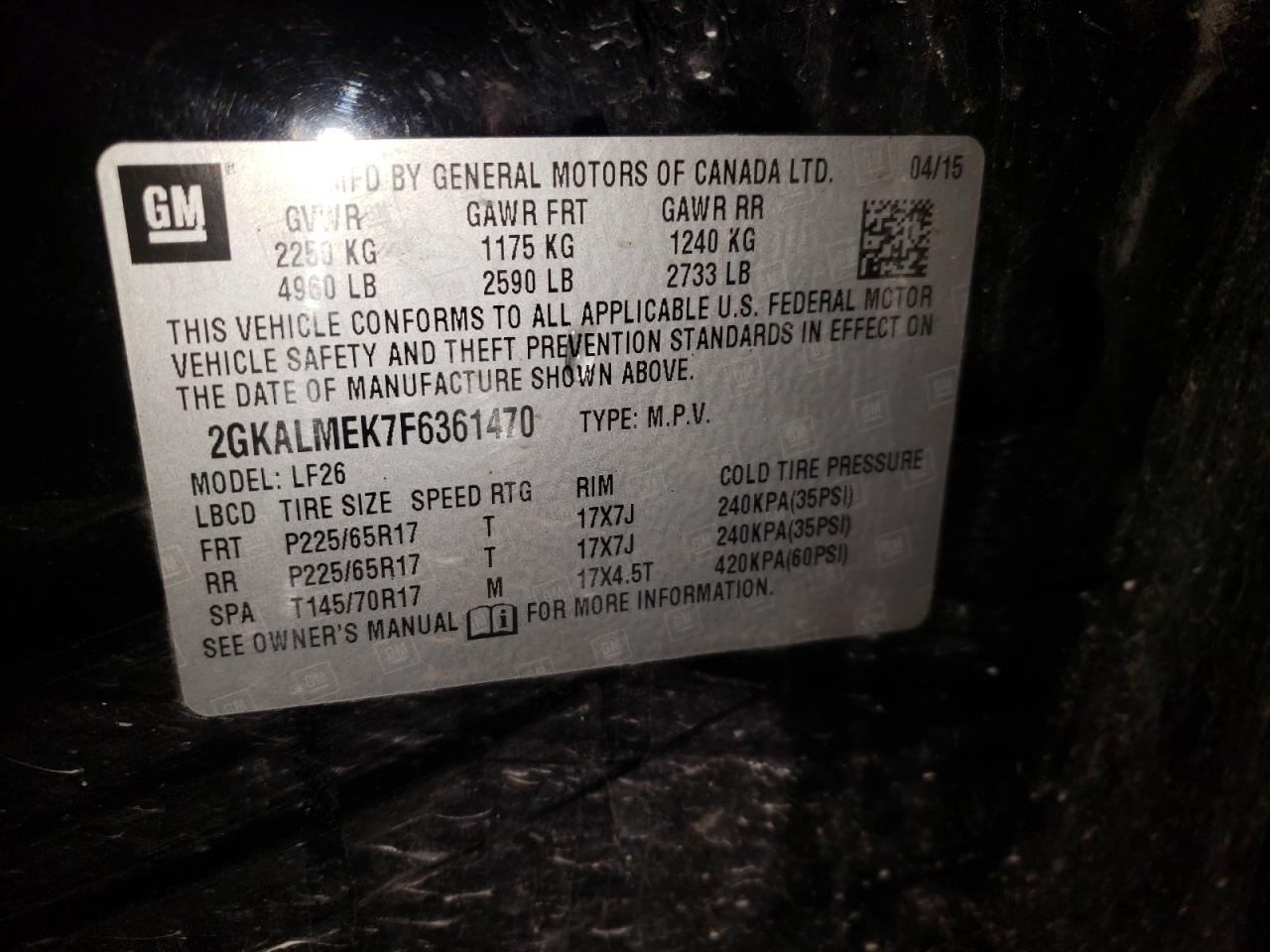 Photo 10 from auction – 2015 GMC TERRAIN SL with VIN 2GKALMEK7F6361470