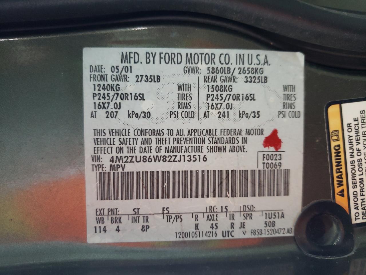 Photo 10 from auction – 2002 MERCURY MOUNTAINEE with VIN 4M2ZU86W82ZJ13516