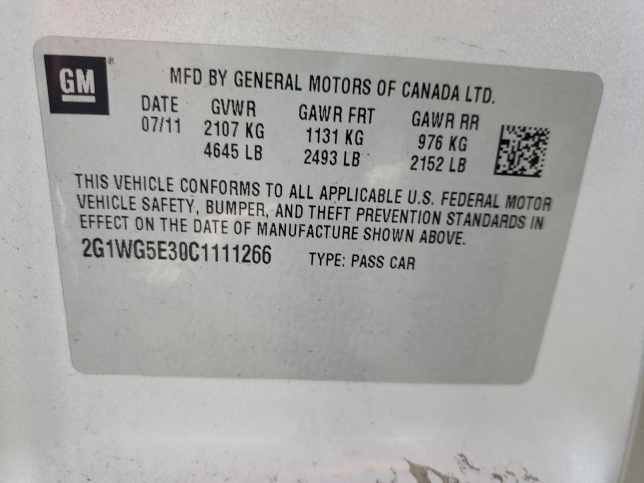 Photo 10 from auction – 2012 CHEVROLET IMPALA LT with VIN 2G1WG5E30C1111266