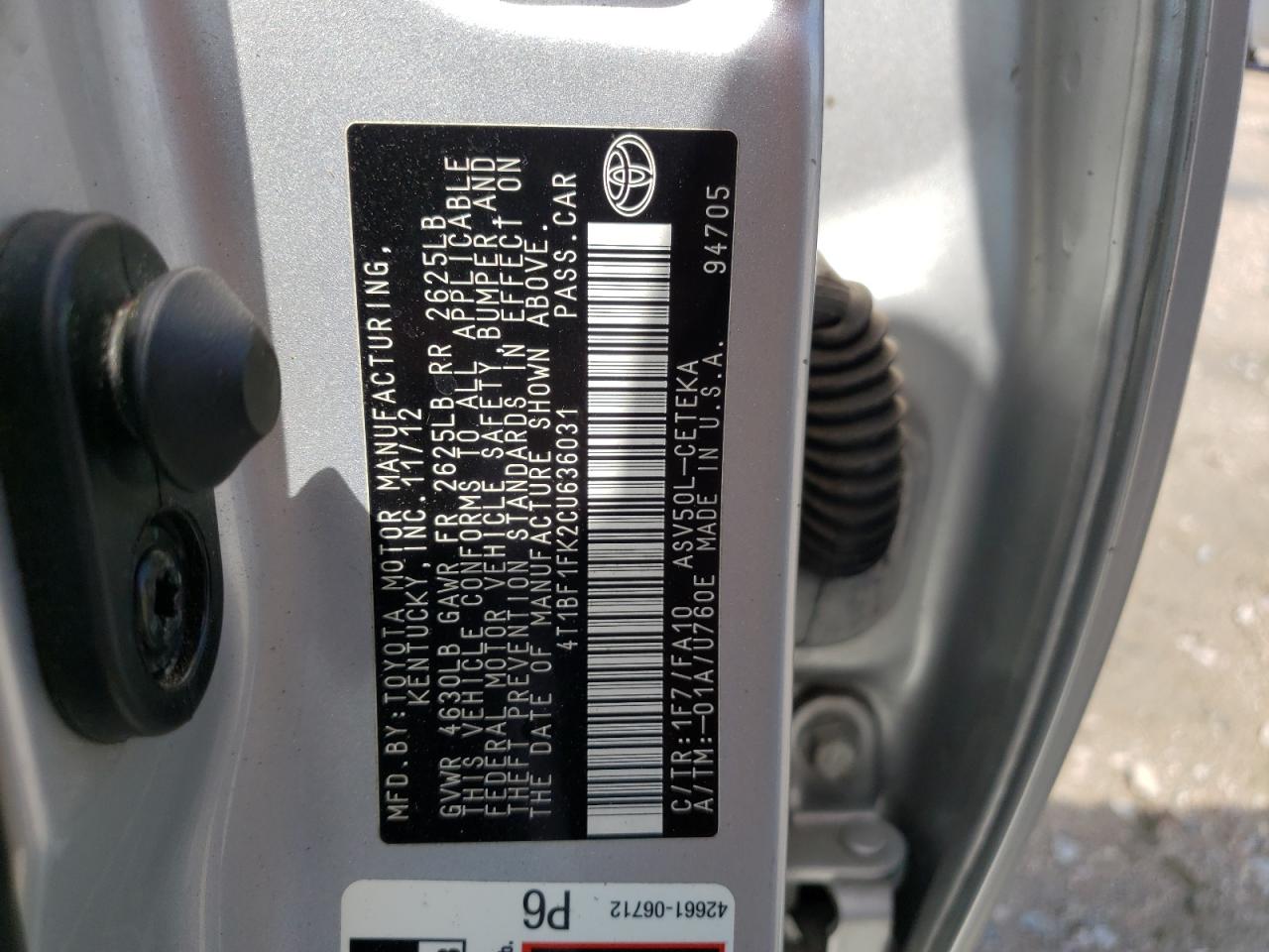 Photo 10 from auction – 2012 TOYOTA CAMRY BASE with VIN 4T1BF1FK2CU636031