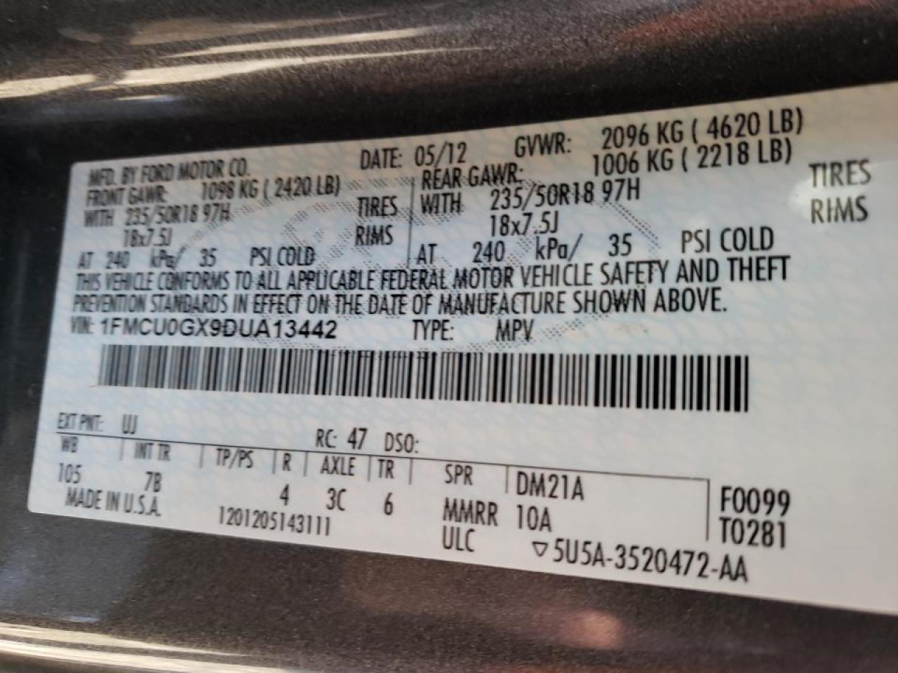 Photo 10 from auction – 2013 FORD ESCAPE SE with VIN 1FMCU0GX9DUA13442