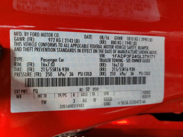 Photo 10 from auction – 2016 FORD FOCUS SE with VIN 1FADP3F24GL379171