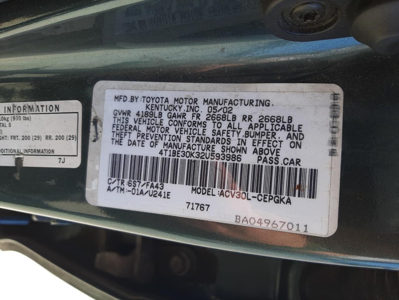 Photo 10 from auction – 2002 TOYOTA CAMRY LE with VIN 4T1BE30K32U593986