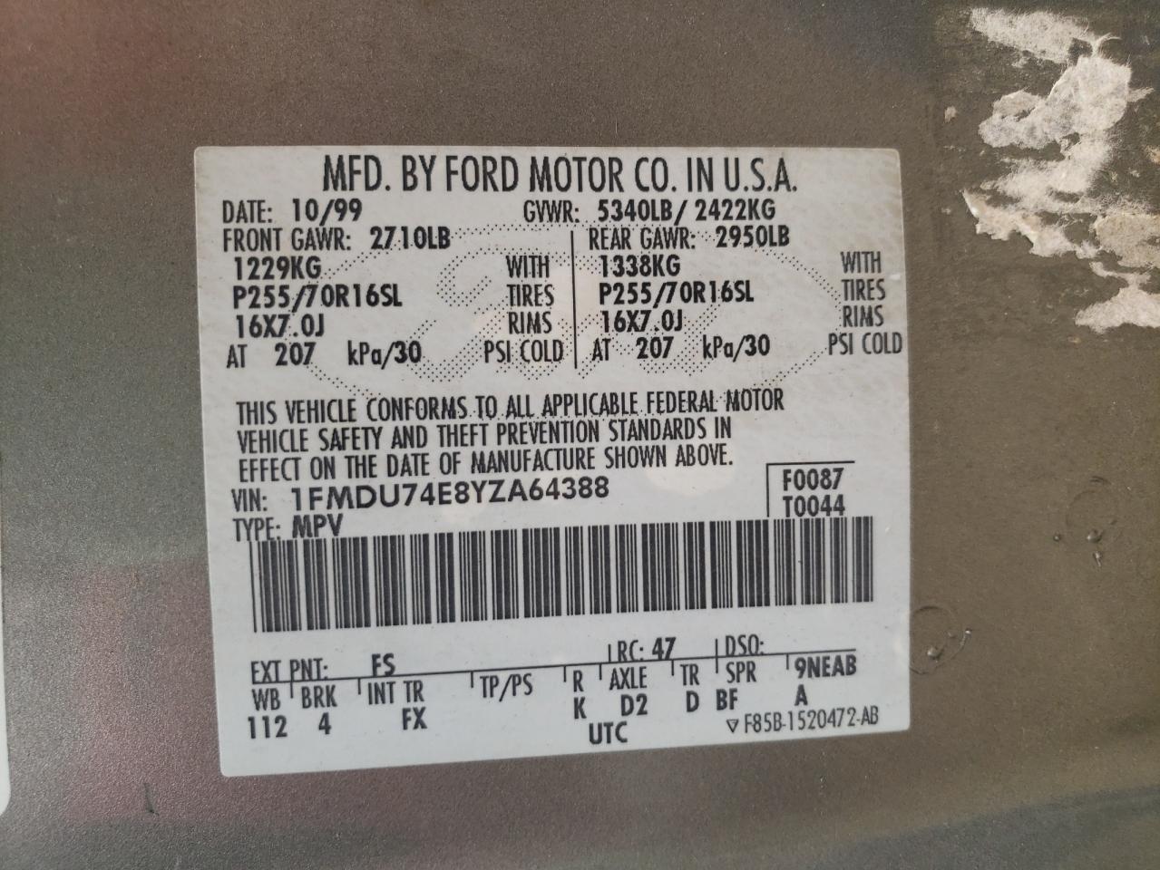 Photo 10 from auction – 2000 FORD EXPLORER E with VIN 1FMDU74E8YZA64388