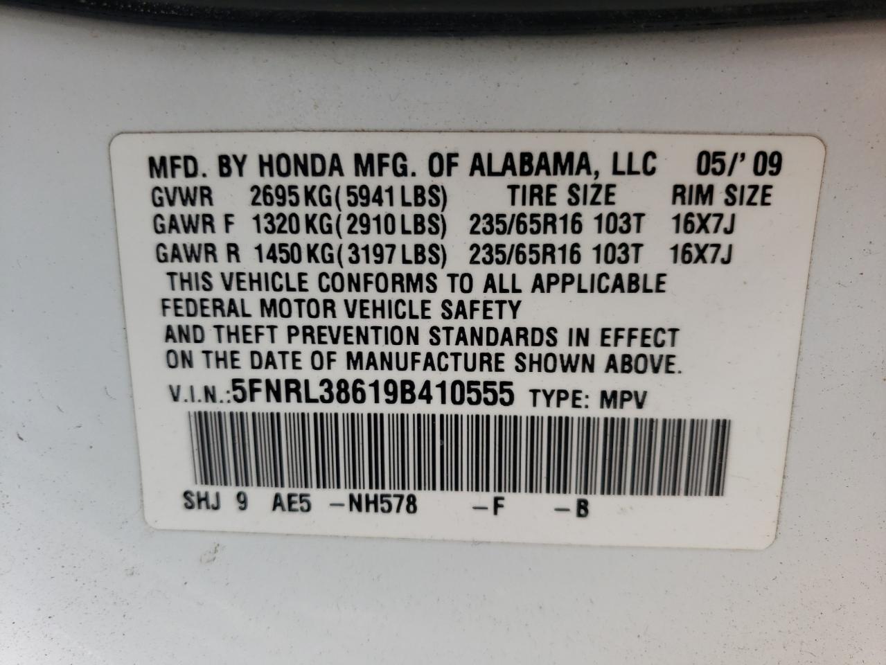 Photo 10 from auction – 2009 HONDA ODYSSEY EX with VIN 5FNRL38619B410555