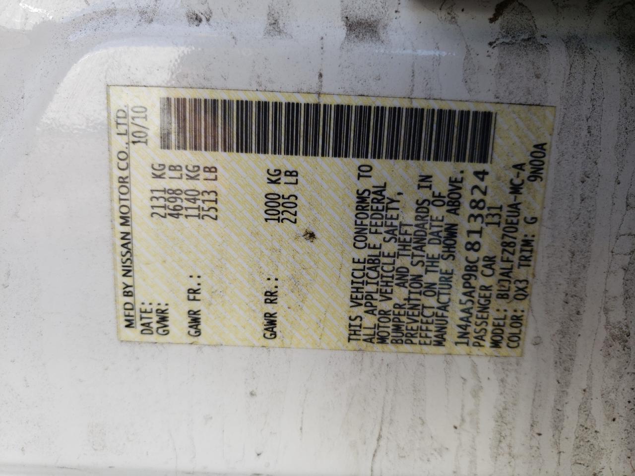 Photo 10 from auction – 2011 NISSAN MAXIMA S with VIN 1N4AA5AP9BC813824