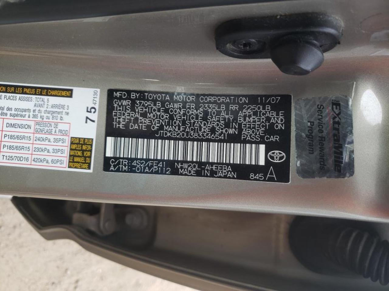 Photo 10 from auction – 2008 TOYOTA PRIUS with VIN JTDKB20U383346541