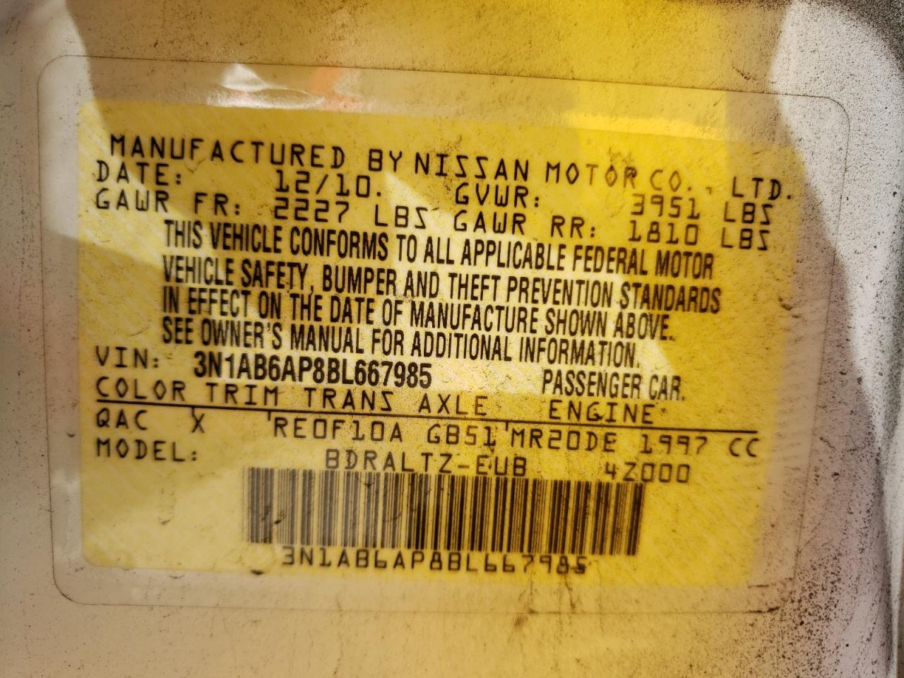 Photo 10 from auction – 2011 NISSAN SENTRA 2.0 with VIN 3N1AB6AP8BL667985
