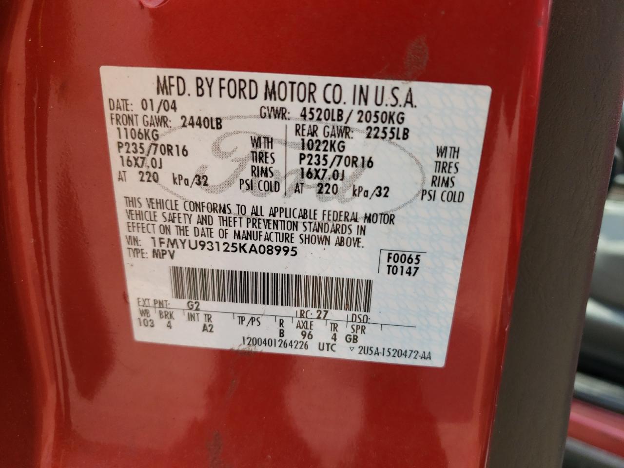 Photo 10 from auction – 2005 FORD ESCAPE XLT with VIN 1FMYU93125KA08995