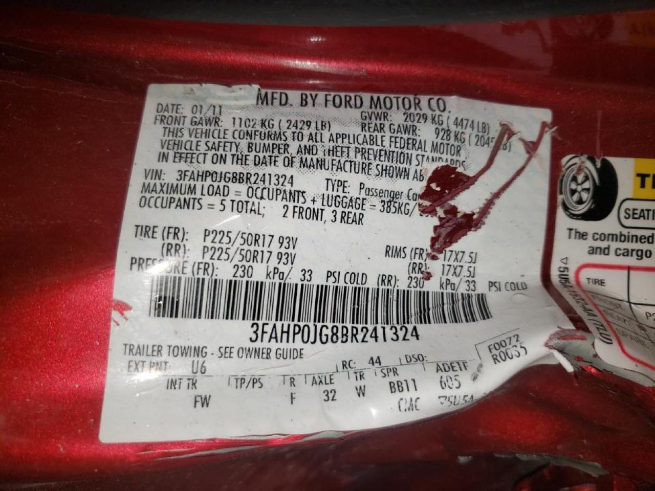 Photo 10 from auction – 2011 FORD FUSION with VIN 3FAHP0JG8BR241324