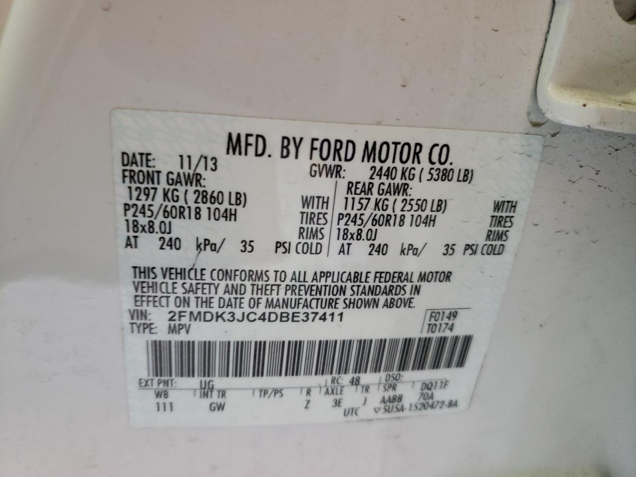 Photo 10 from auction – 2013 FORD EDGE SEL with VIN 2FMDK3JC4DBE37411