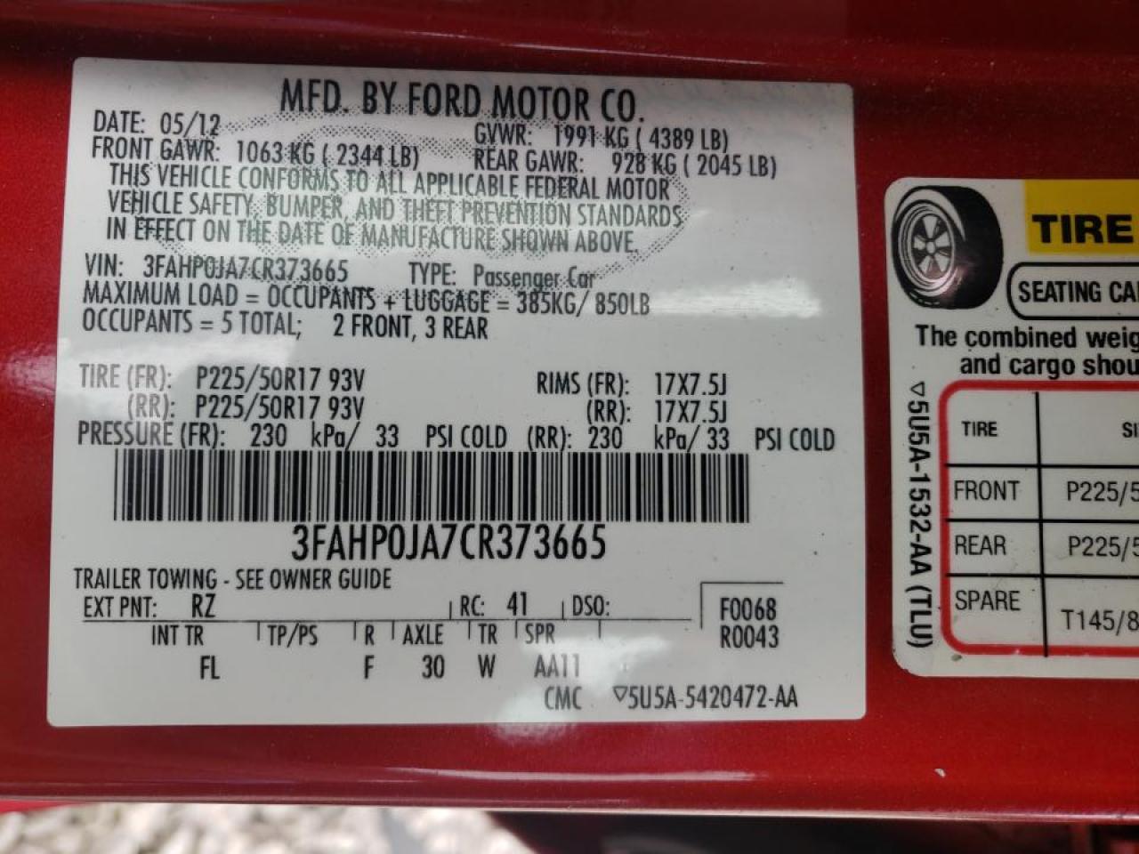 Photo 10 from auction – 2012 FORD FUSION SEL with VIN 3FAHP0JA7CR373665