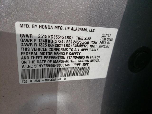 Photo 10 from auction – 2017 HONDA PILOT TOUR with VIN 5FNYF5H96HB008148