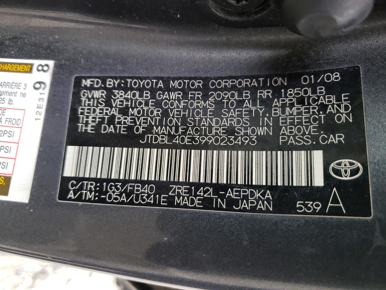 Photo 10 from auction – 2009 TOYOTA COROLLA BA with VIN JTDBL40E399023493