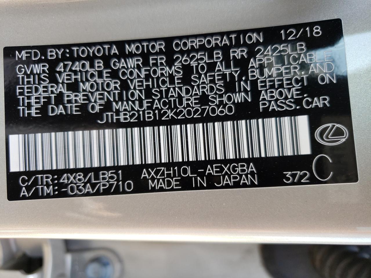 Photo 10 from auction – 2019 LEXUS ES 300H with VIN JTHB21B12K2027060