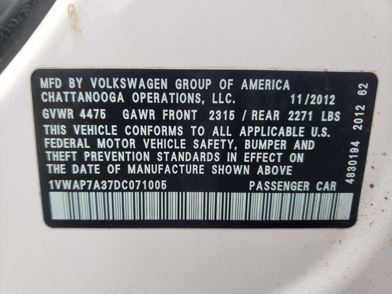 Photo 10 from auction – 2013 VOLKSWAGEN PASSAT S with VIN 1VWAP7A37DC071005