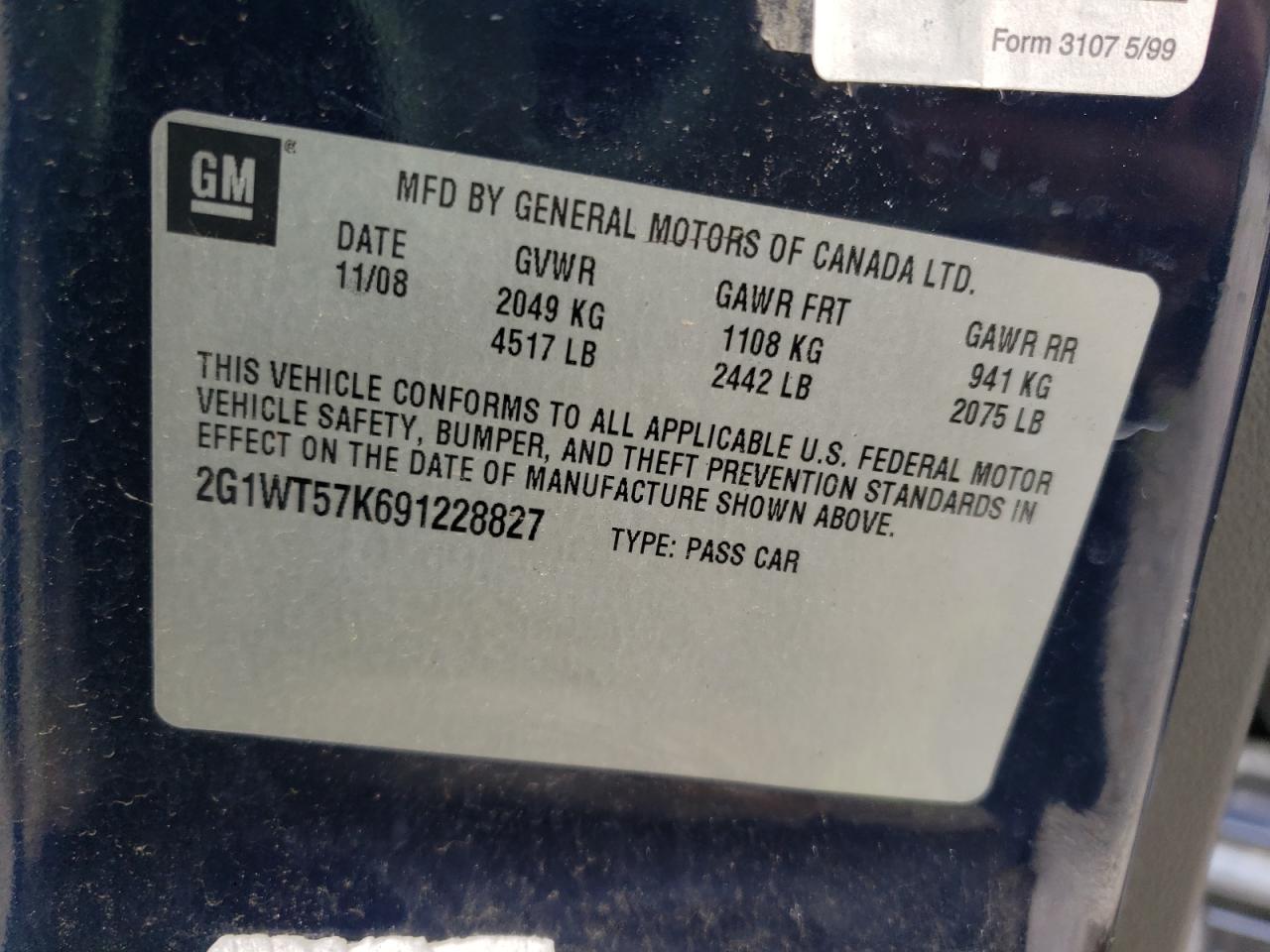 Photo 10 from auction – 2009 CHEVROLET IMPALA 1LT with VIN 2G1WT57K691228827