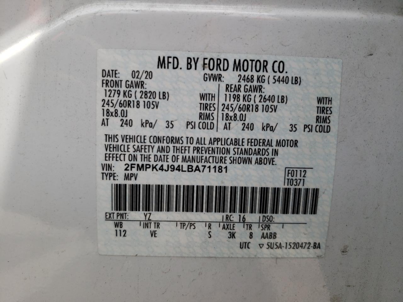 Photo 10 from auction – 2020 FORD EDGE SEL with VIN 2FMPK4J94LBA71181