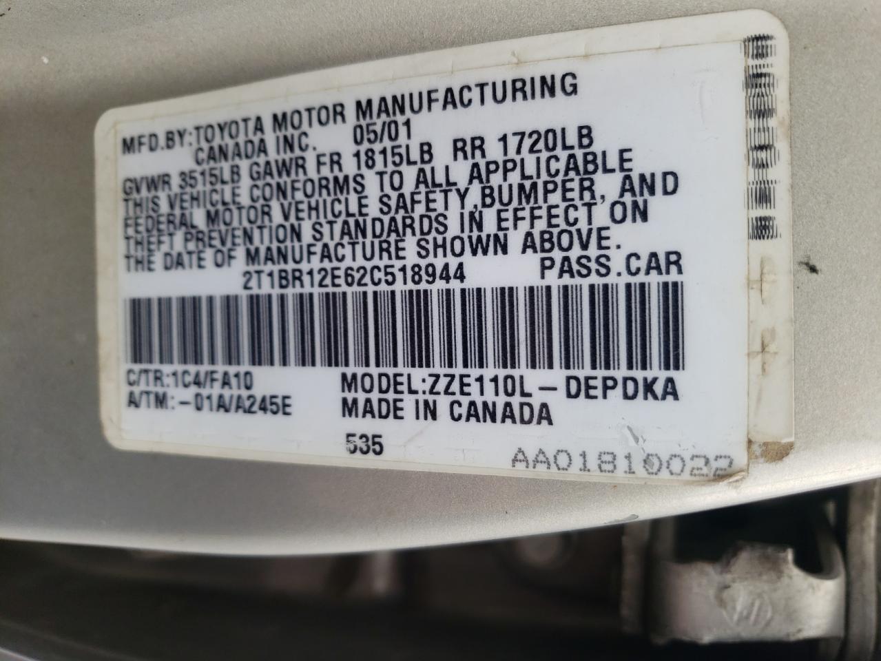 Photo 10 from auction – 2002 TOYOTA COROLLA CE with VIN 2T1BR12E62C518944