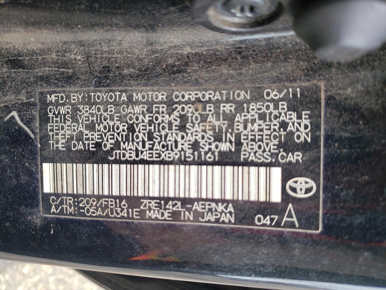 Photo 10 from auction – 2011 TOYOTA COROLLA BA with VIN JTDBU4EEXB9151161