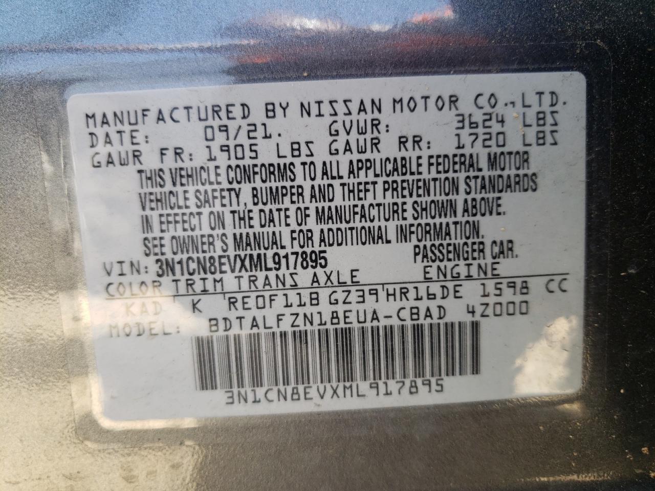 Photo 10 from auction – 2021 NISSAN VERSA SV with VIN 3N1CN8EVXML917895