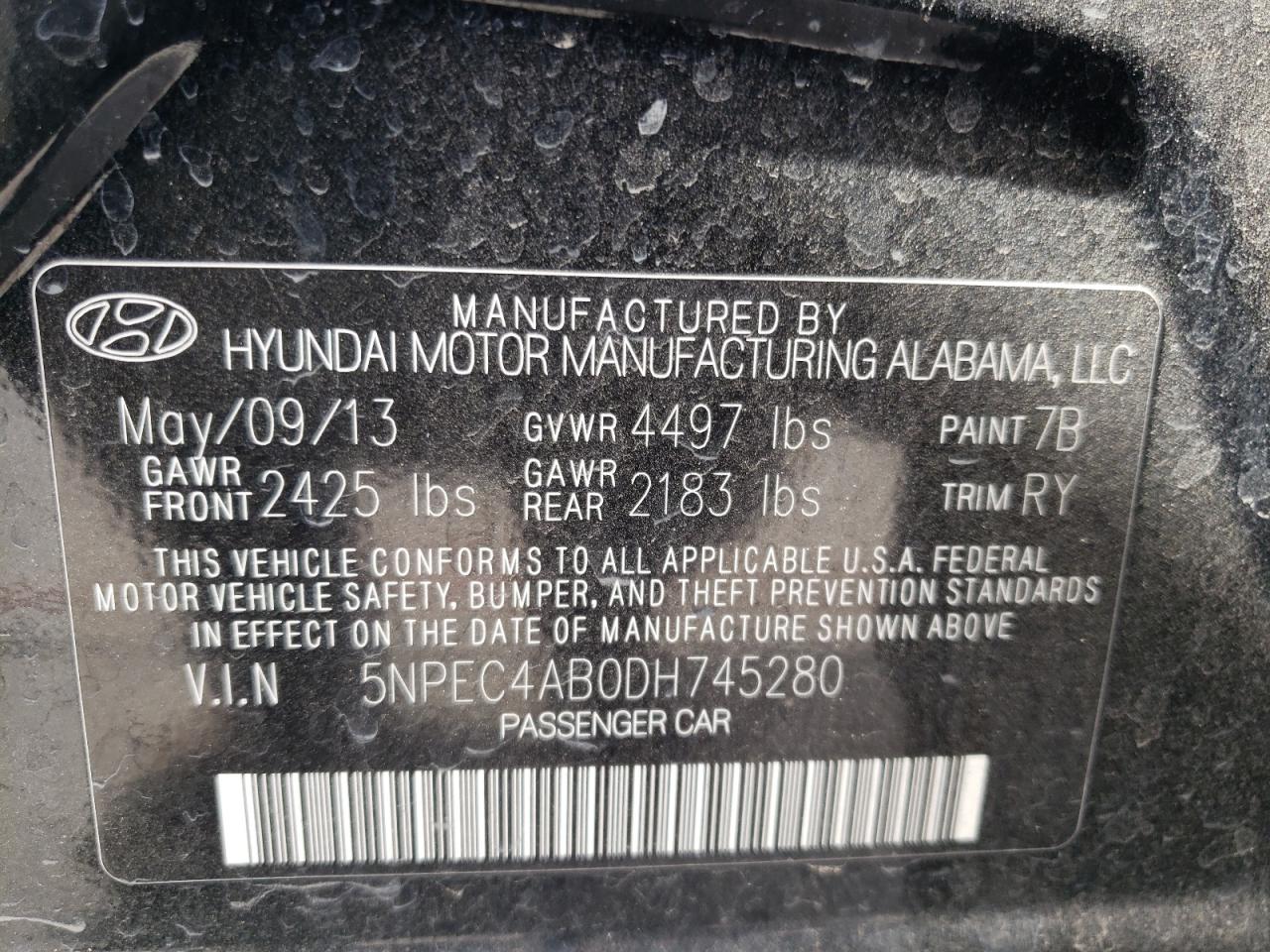 Photo 10 from auction – 2013 HYUNDAI SONATA SE with VIN 5NPEC4AB0DH745280