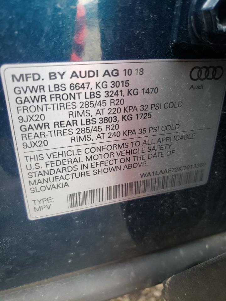Photo 11 from auction – 2019 AUDI Q7 PREMIUM with VIN WA1LAAF72KD013360