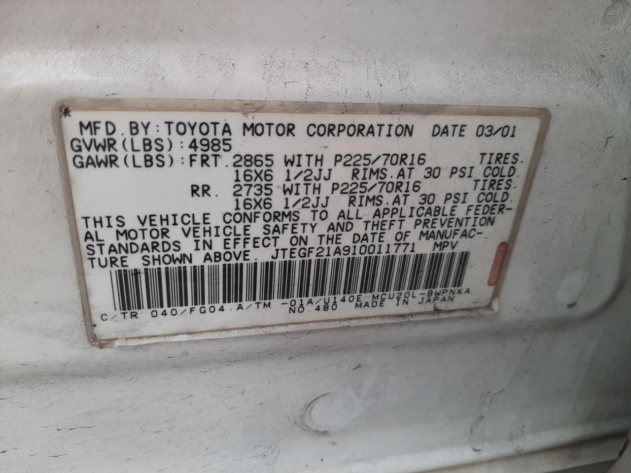Photo 10 from auction – 2001 TOYOTA HIGHLANDER with VIN JTEGF21A910011771